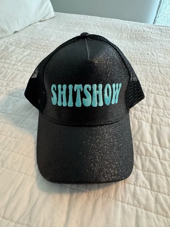 Black Glitter Women’s Trucker Hat with Turquoise 'SHITSHOW' Embroidery - Picture 1 of 4